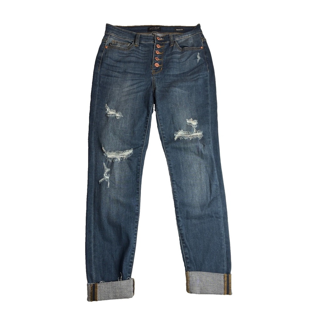 Judy Blue Jeans Distressed Button Fly Cuffed Denim Jeans Size 9/29 Skinny Fit